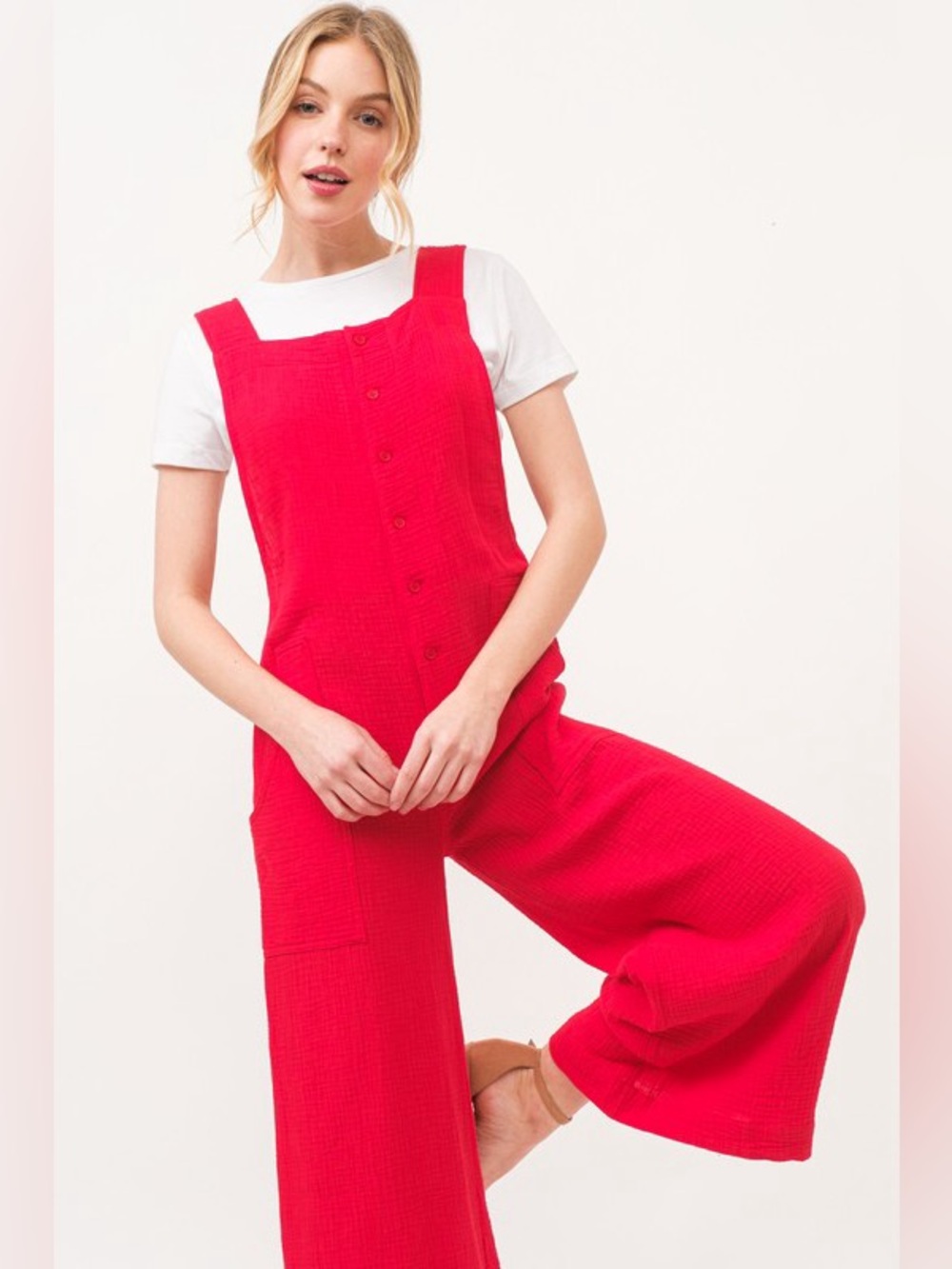 And The Why Gauze Loose Fit Tied Back Overalls